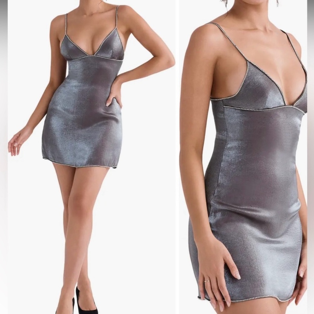 HOUSE OF CB MAISIE SATIN IRIDESCENT GREY MINI DRESS SIZE XS (BIGGER CUP SIZE)